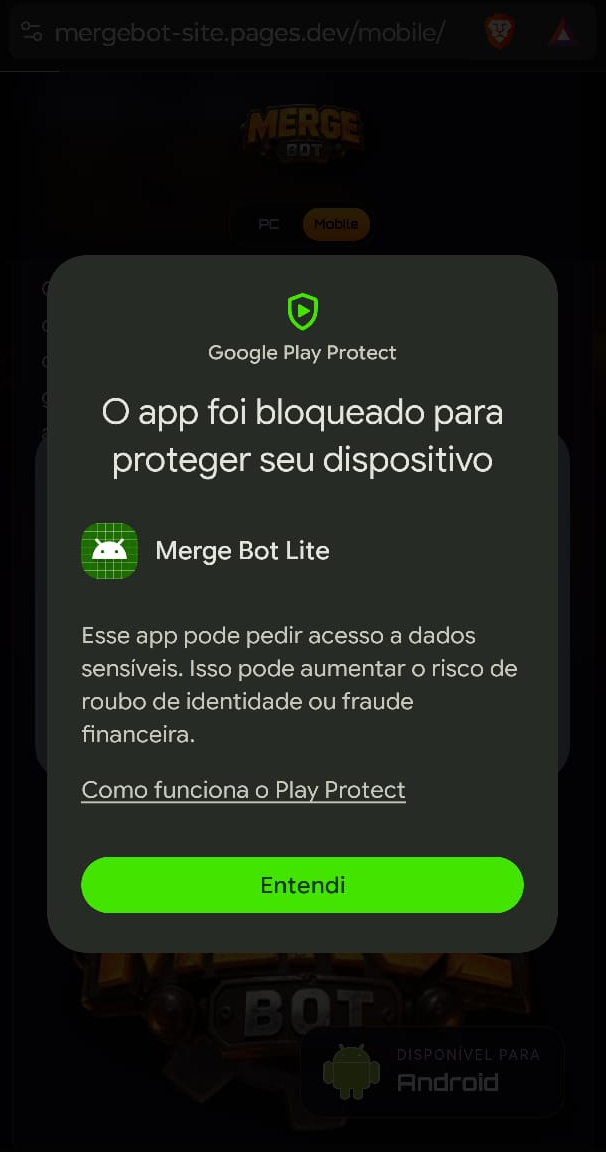 Aviso do Play Protect bloqueando a primeira tentativa de instalacao