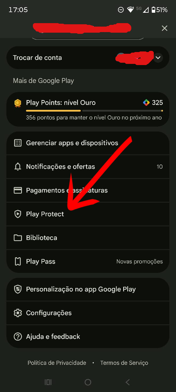 Opcao Play Protect no menu da conta Google
