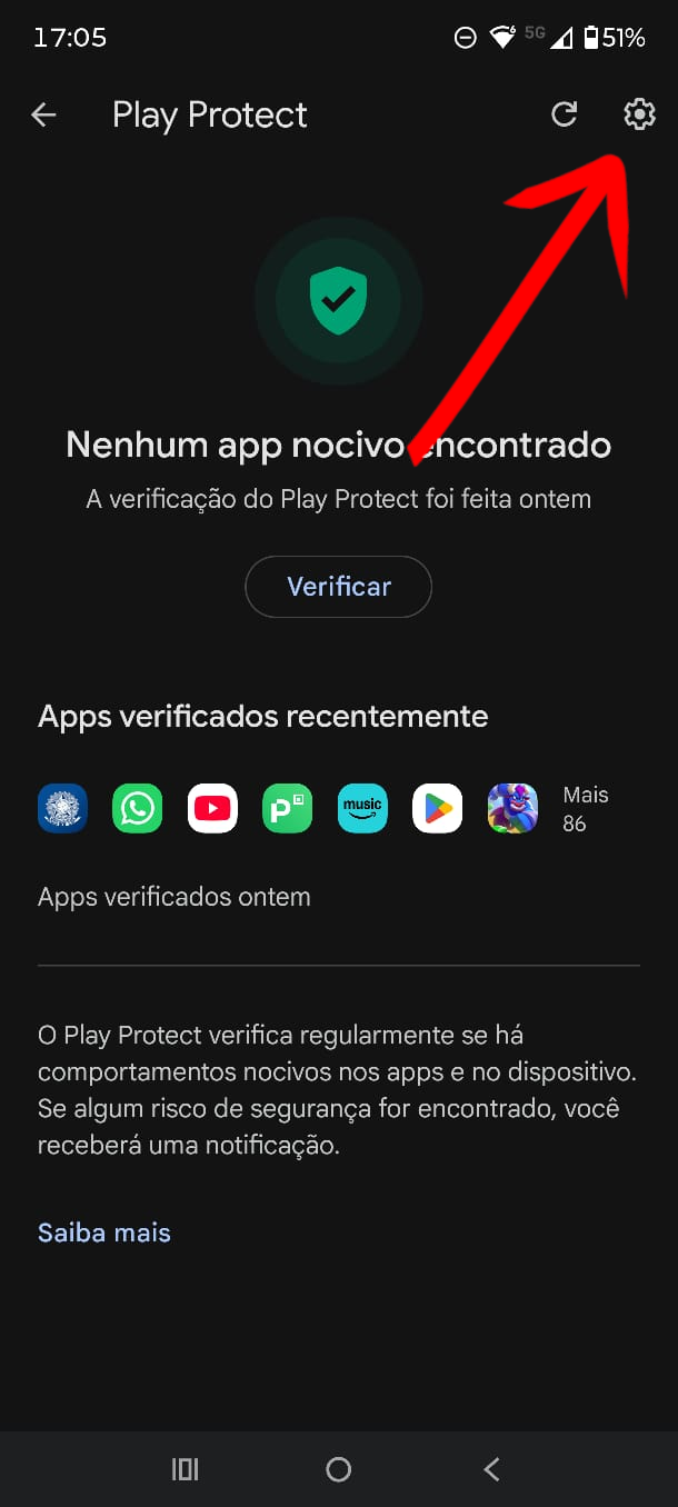 Engrenagem de configuracoes do Play Protect