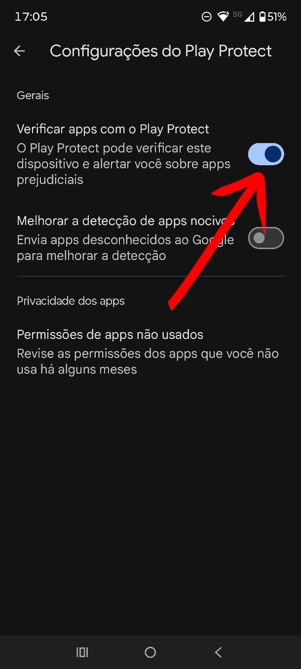 Opcao Verificar apps com o Play Protect